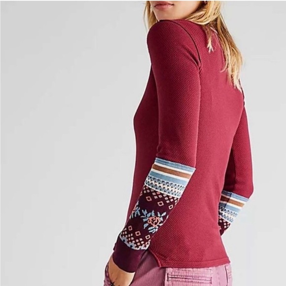 NWT Free People Boho Mikah Layering Long Cuff Top Blouse Henley Wine Combo XL - Picture 2 of 7